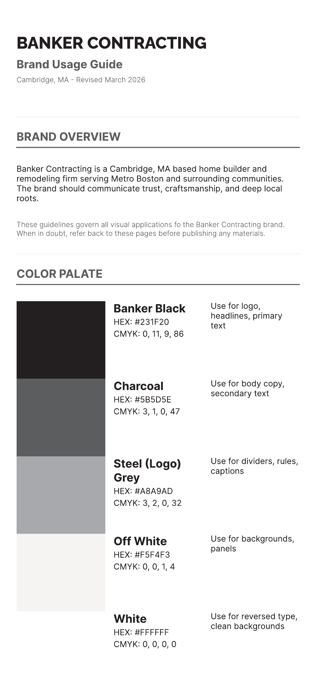 Banker Contracting brand usage guide cover, brand overview, and five-color palette (Banker Black, Charcoal, Steel Grey, Off White, White)