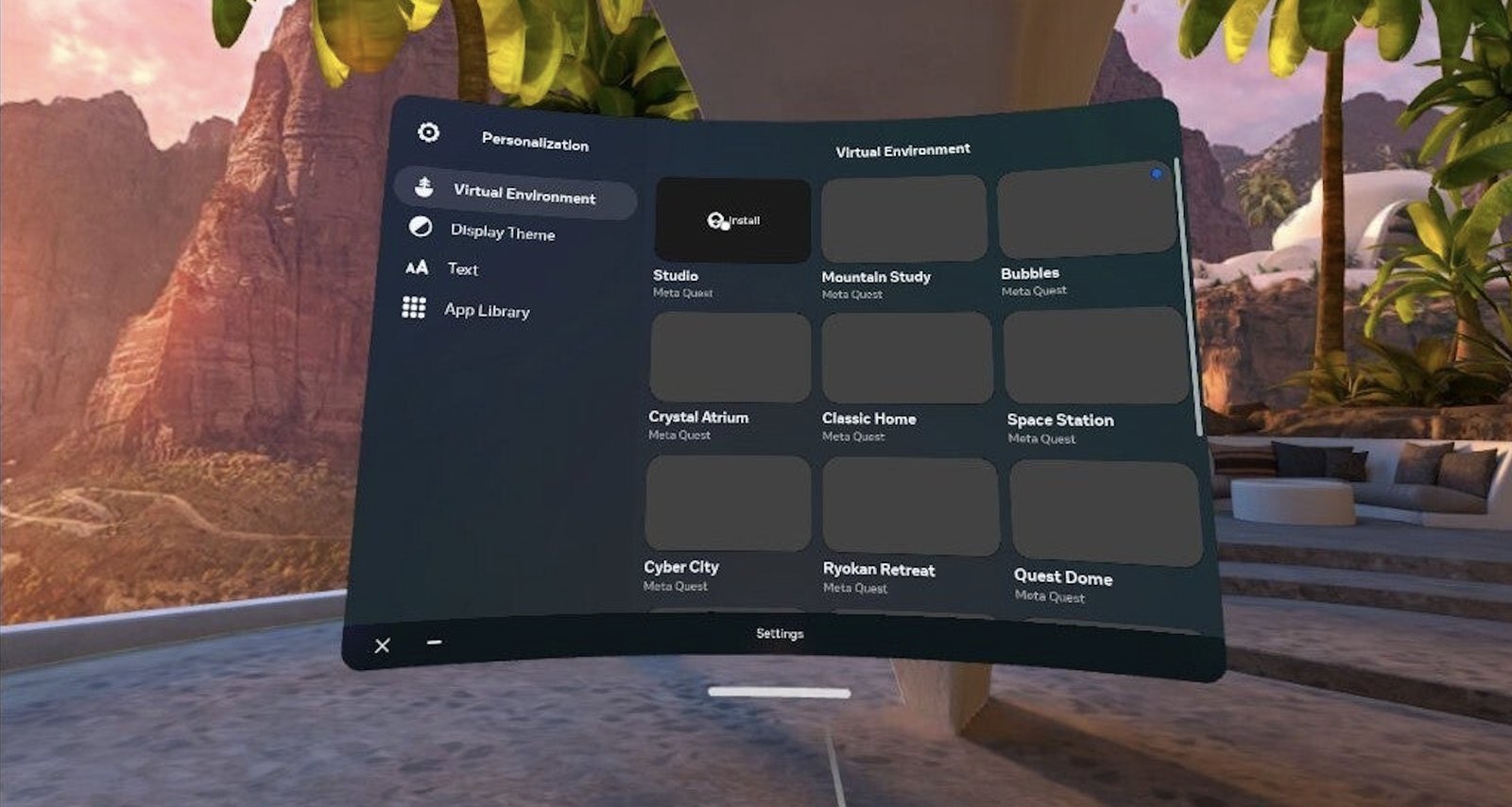 The Meta Quest settings screen as seen inside the headset