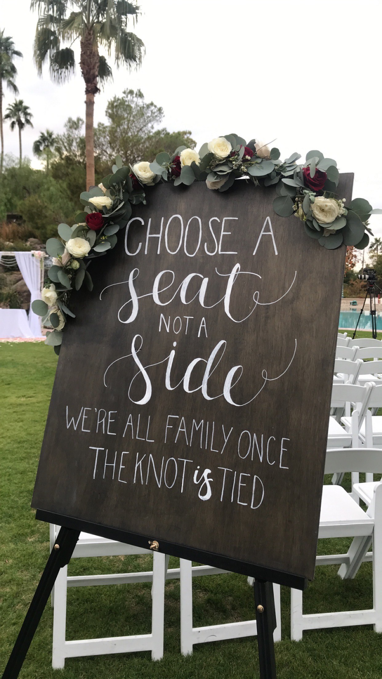 Wooden ceremony sign — Choose a seat not a side