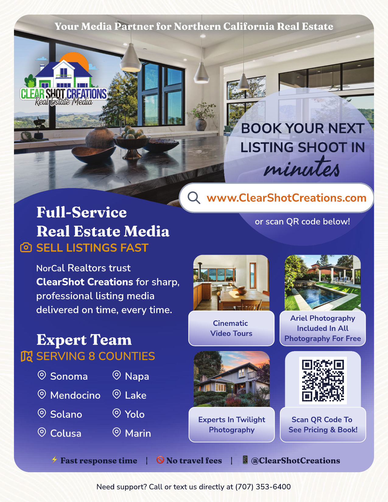 ClearShot Creations promotional flyer for real estate media services across eight Northern California counties