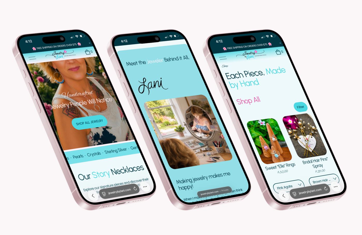 Jewelry by Lani website on three phones