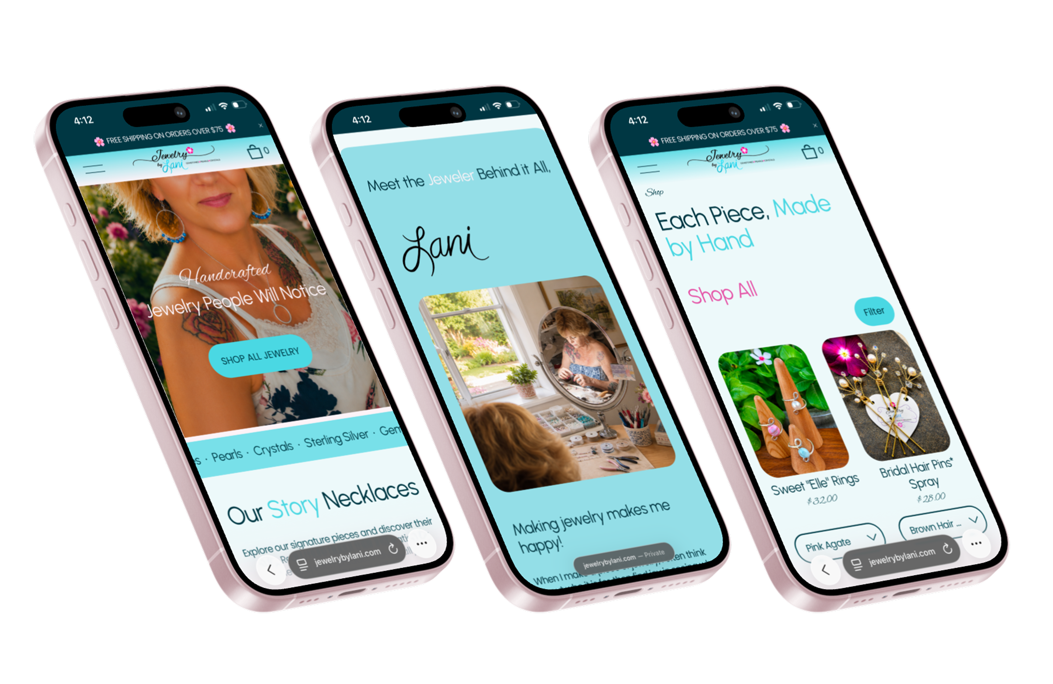 Jewelry by Lani website shown on three phone mockups