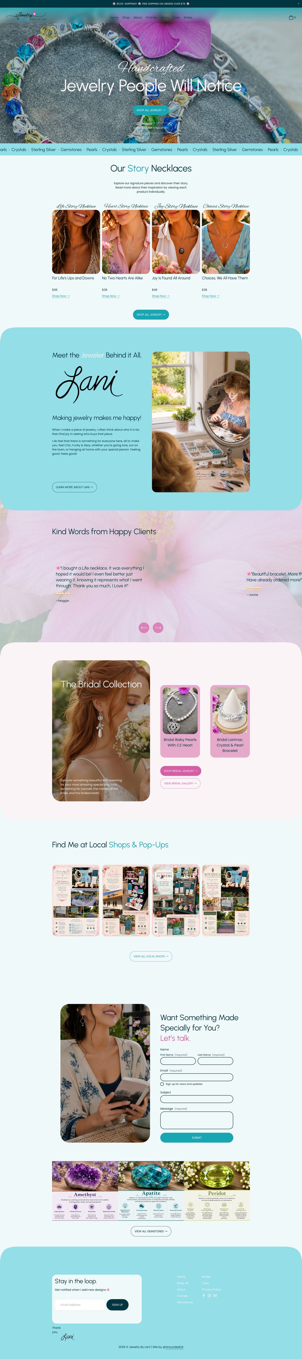 The new Jewelry by Lani desktop homepage: a free-shipping banner, a photo hero, Story Necklace cards with prices, Lani's story, reviews, the Bridal Collection, shop locations and gemstone guides