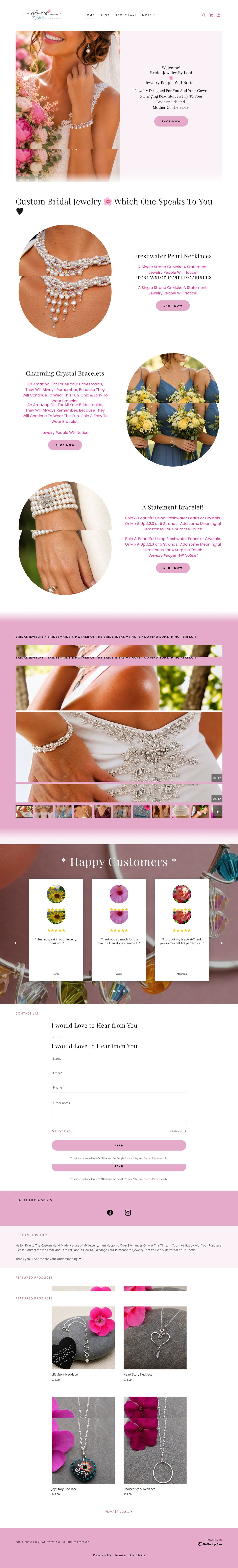 The old Jewelry by Lani desktop homepage: a pink bridal hero, product rows with repeated text, a pink photo slideshow, reviews, a contact form, and featured necklaces