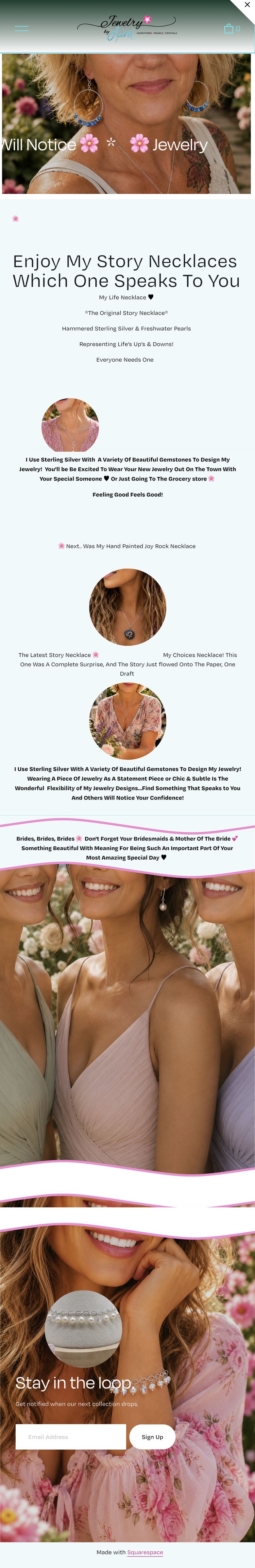 The old Jewelry by Lani homepage on a phone: a cropped hero photo, long blocks of bold centered text, and small round photos scattered down the page