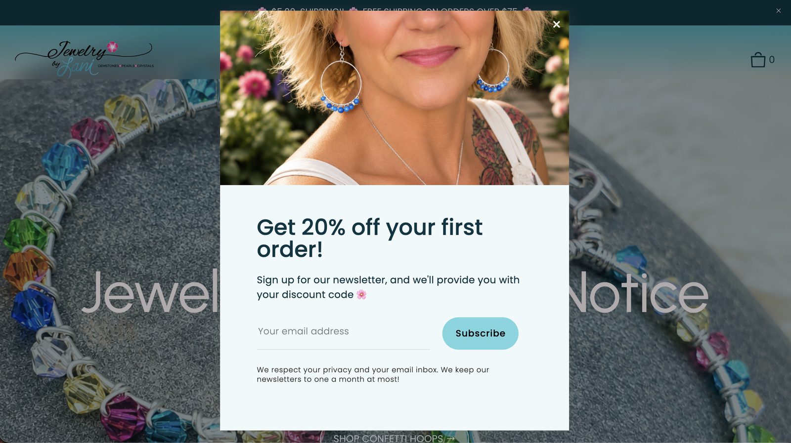 The Jewelry by Lani welcome pop-up offering 20% off a first order for signing up to the newsletter