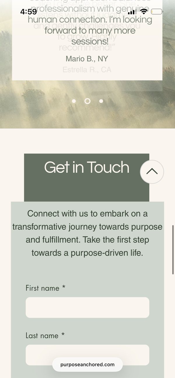 The Get in Touch section on a phone, with a short welcome and a contact form