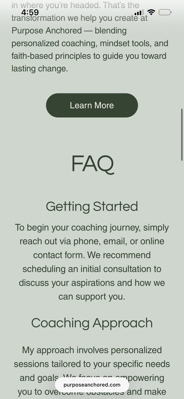 The FAQ section on a phone, starting with Getting Started: reach out by phone, email, or the contact form