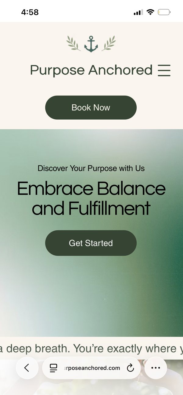 The top of the Purpose Anchored homepage on a phone: the logo, a Book Now button, and the headline Embrace Balance and Fulfillment