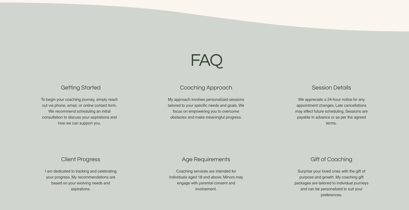 Live screenshot of the Purpose Anchored FAQ section, six common questions arranged in a calm 3x2 grid on a soft sage background