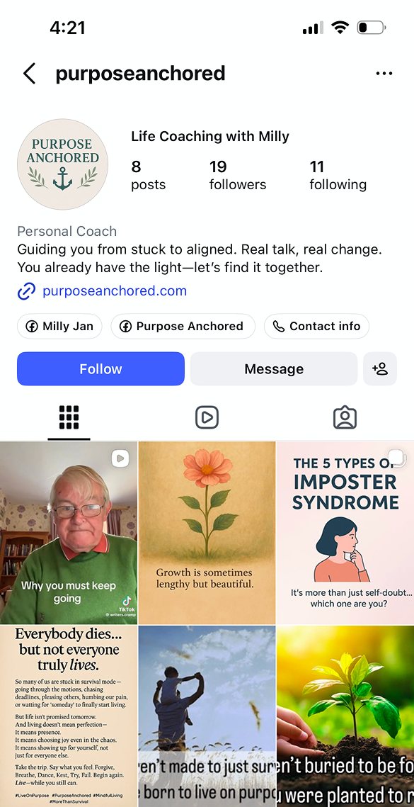 The @purposeanchored Instagram profile, where the business lived before the website