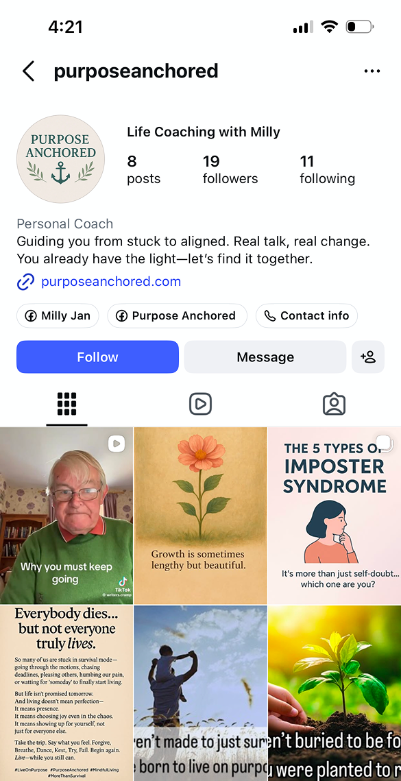 The @purposeanchored Instagram profile, the existing brand voice and visual language.