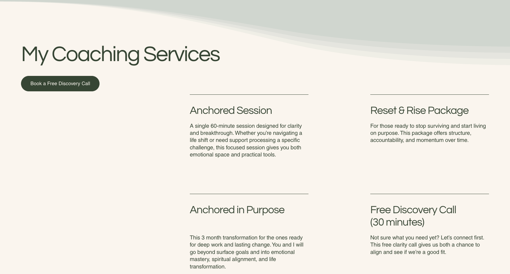 Live screenshot of the Purpose Anchored coaching services section, showing four packages with clear positioning and a single CTA