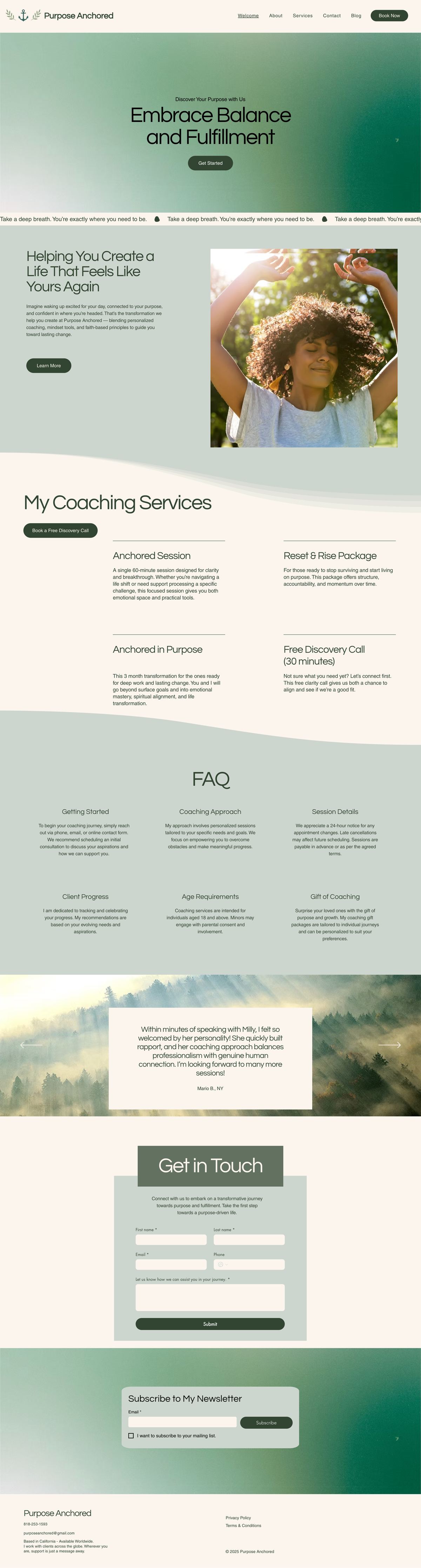 The Purpose Anchored desktop homepage: a calm hero with a booking button, an intro to the coaching, services, an FAQ, testimonials, a contact form and newsletter sign-up