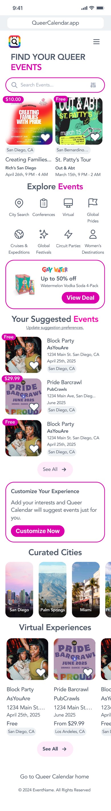 The Queer Calendar home screen I designed: a Find Your Queer Events search, event cards with prices, Explore Events categories, suggested events, curated cities, and virtual experiences