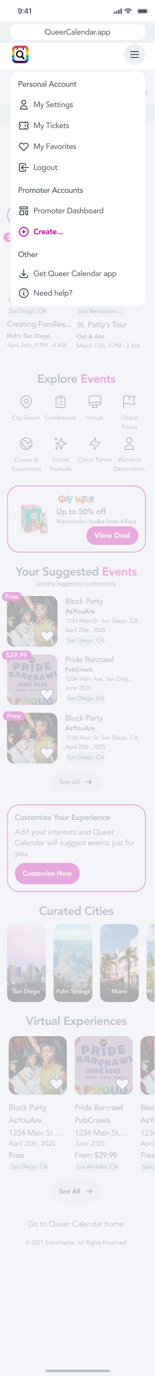 The homepage with the menu open, showing personal account options and a Promoter Accounts section with Create highlighted