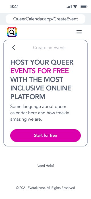 Create an Event intro screen: Host your queer events for free, with a Start for free button