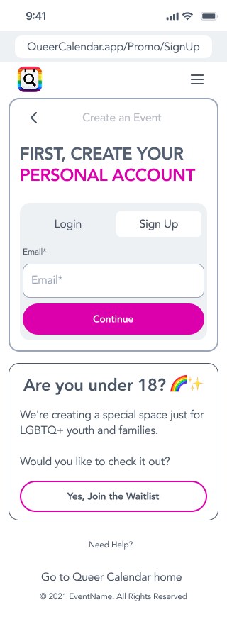 Create your personal account with an email field, plus an Are you under 18 card offering to join the waitlist