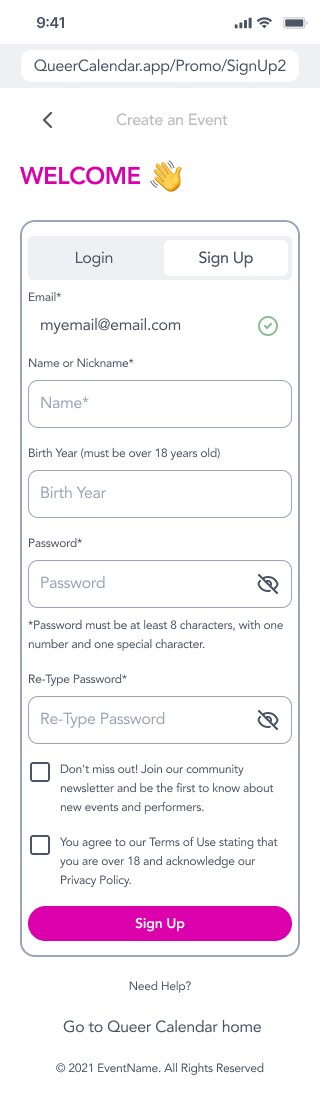 Sign-up form with name, birth year, password, a newsletter opt-in, and one terms box confirming the user is over 18