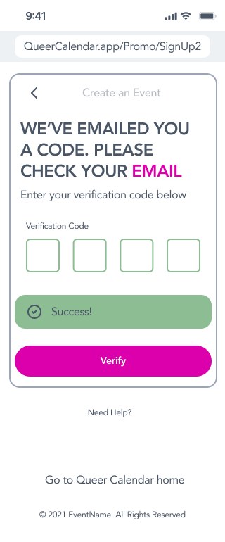 Email verification screen with four code boxes and a success message