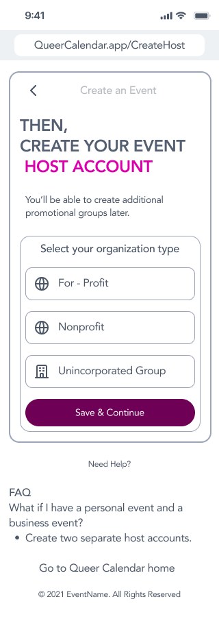 Create your event host account: choose For-Profit, Nonprofit, or Unincorporated Group, with a short FAQ