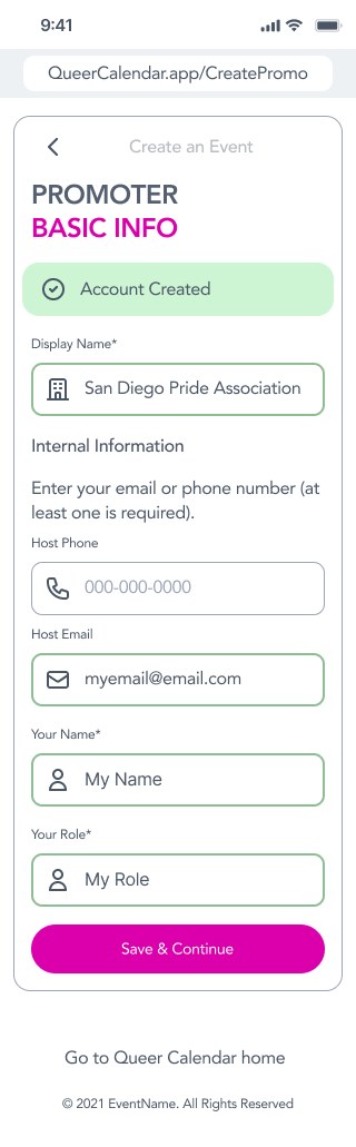 Promoter basic info: an Account Created message, then display name, host phone or email, your name and role